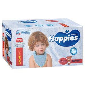 Happies Diapers Value Box Size 4+ 76 Pieces +Wipes Free