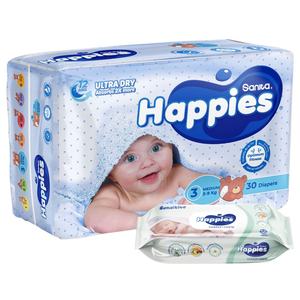 Happies Diapers Size 3 5-9Kg 30 Pieces + Wipes