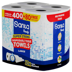 Sanita Handy Disposable Tissue Towels Super Strong Large 400+80 Sheets Free
