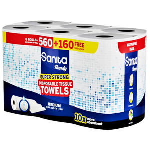 Sanita Handy Disposable Tissue Towels Super Strong Medium Rolls 560+160 Sheets Free