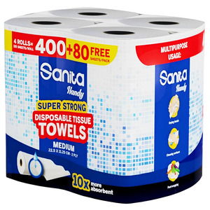 Sanita Handy Disposable Tissue Towels Super Strong Medium 4 Rolls 400+80 Sheets Free