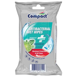 Ultra Compact Antibacterial Wet Wipes Lime 15 Pieces