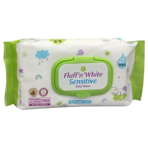Fluff'n White Wipes Sensitive Perfume Free 64 Sheets