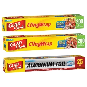 Glad Cling Wrap Special Offer Pack 2 X 200 Sq.Ft Plastic Wrap + Free 25 Sq.Ft Aluminum Foil