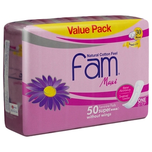 Fam One Step Natural Cotton Feel Maxi Thick Non-Wings Super Sanitary 50 Pads