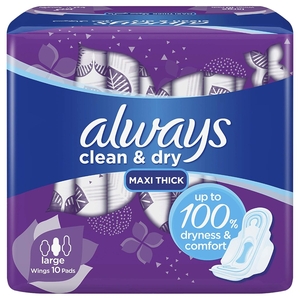 Always Clean & Dry Maxi Thick Large Sanitary Pads With Wings 10 Pads