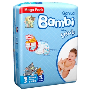 Bambi Baby Diapers Mega Pack Size 3 Medium 6-11 92 Pieces