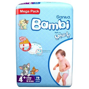 Bambi Baby Diapers Mega Pack Size 4+ Large 10-18Kg 78 Pieces
