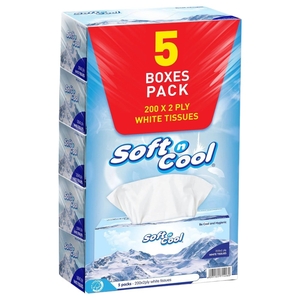 Soft N Cool Facial Soft White Tissue 2Ply 200 Pieces X 5