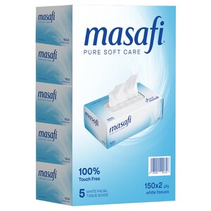 Masafi White Soft Facial Tissue 2 Ply 150 Sheets X5