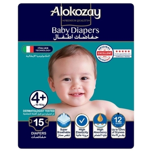 Alokozay Premium Baby Diapers Size 4+ 10-16Kg 15 Pieces