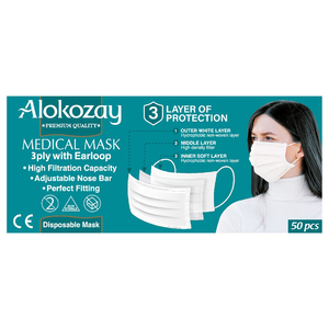 Alokozay Disposable Face Mask White 3Ply 50 Pieces
