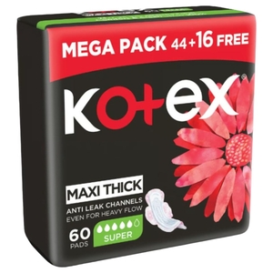 Kotex Maxi Thick Pads With Wings Super 44 Pieces + 16 Pieces