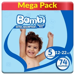 Bambi Baby Diaper Size 5 X-Large 12-22Kg Mega Pack 74 Pieces