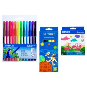 Maxi 12 Fibre Tip Pens + 12 Color Pencils + 12 Wax Crayons