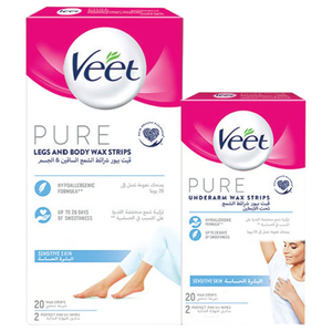 Veet Hair Remover Wax Strip Sensitive Legs & Body 20Pcs + Bikini & Underarms 20Pcs