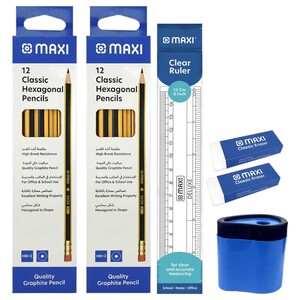 Maxi Black Lead Pencil 2Pcs + Plastic Clear Ruler + Sharpener + Eraser 2Pcs