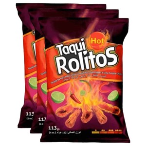 Taqui Rolitos Tortilla Chips Hot Chilli Pepper Lime 113G X3