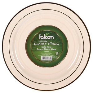 Falcon Ivory Round Plastic Plates With Gold Ring 19Cm 20 Pieces