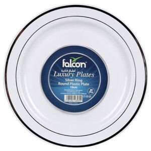 Falcon Ivory Round Plastic Plates With Silver Ring 19Cm 20 Pieces