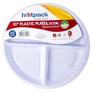 Hotpack White 10 Inch 3 Compartment Plastic Plates 25 Pieces