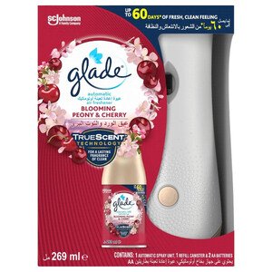 Glade True Scent Technology Automatic Air Freshener Spray Blooming Peony & Cherry Scent With Refill Canister & 2 Aa Batteries 269Ml