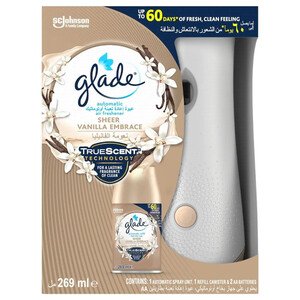 Glade Truescent Technology Automatic Air Freshener Spray Sheer Vanilla Embrace Scent With Refill Canister & 2 Aa Batteries 269Ml
