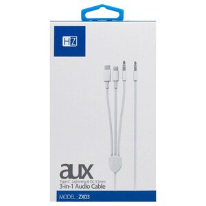 Heatz 3N1 Usb-C Lightning & Dc To Aux Cable White