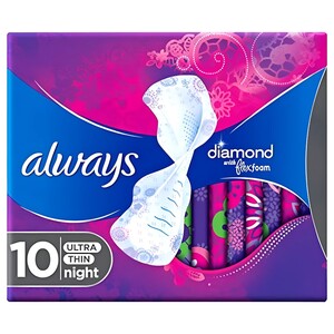 Always Diamond Flex Foam Ultra Thin Large Night Pads With Wings 10 Pads