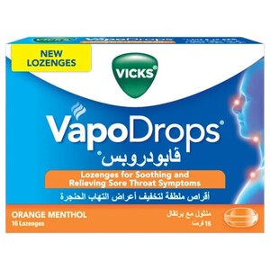 Vicks Vapo Drops Lozenges Orange & Menthol For Cough Blocked Nose & Sore Throat 16 Pieces