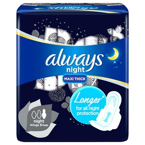 Always Clean & Dry Maxi Thick Night Sanitary Pads Wings 8 Pads