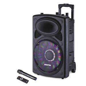 Geepas Rechargeable Trolley Bluetooth Speaker Gms8519 12" Woofer With Wireless Microphones & Led Lights 40000 Watts Black