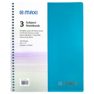 Maxi Spiral Polypropylene 3 Subject Notebook 11 Inch 120 Sheets