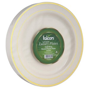 Falcon Ivory Round 22.5Cm Plastic Plates With Gold Rings 20 Pieces