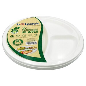 Hotpack Organic Eco-Friendly White 10 Inch 3 Compartments Plates Plastic Free