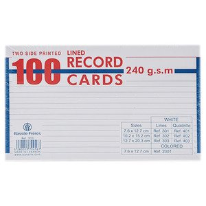 Bassile Freres 100 Lined Record Cards White 240G