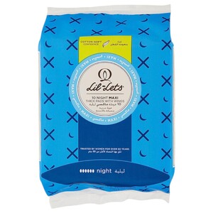 Lil-Lets Sanitary Pads With Wings Night Maxi Thick 10 Pieces