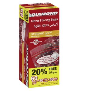 Diamond Zipper Storage Ultra Strong Bag, Medium, 50 Bags + 10 Bags Free
