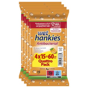 Wet Hankies Wipes Antibacterial Orange 15 Pieces X4