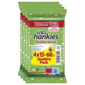 Wet Hankies Wipes Antibacterial Lemon 15 Pieces X4