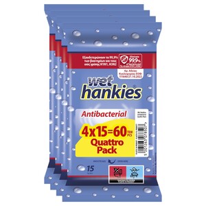 Wet Hankies Wipes Antibacterial 15 Pieces X4