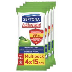 Septona Antibacterial Wipes Green Apple 15 Pieces X4