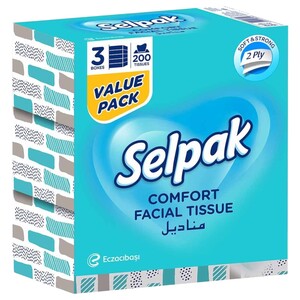 Selpak Comfort Facial Tissue Box 2Ply 200 Sheets X3