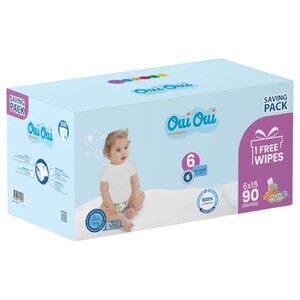 Oui Oui Baby Diapers Size 6 16-30Kg 90 Pieces + Wipes Free