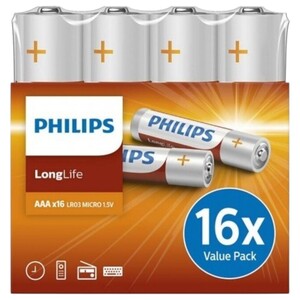 Philips Long Life Zinc Aaa Battery 1.5V 16 Pieces R03l16f/97