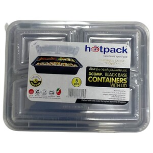 Hotpack Black Base 3 Compartments Container With Lid 5 Pieces