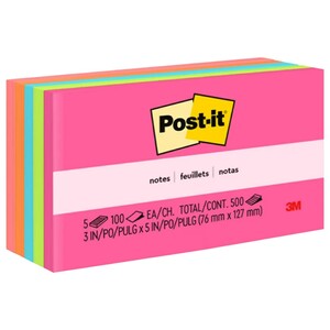 Post-It Neon 3X5 Ruled 5 Pads