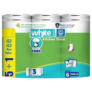 White Chef Kitchen Towel 3 Layers 6 Rolls