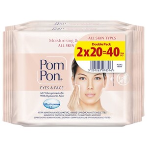 Pom Pon Makeup Remover Wipes All Skin Types For Face & Eyes 20 Pieces X2