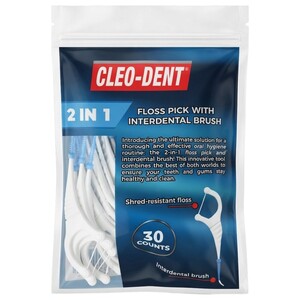 Cleo-Dent 2 In 1 Floss Pick With Brush 30 Pieces